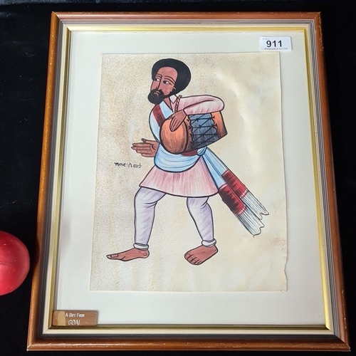 911 - A sweet watercolour on paper painting featuring Ethiopian Folk Art musician. Housed in a wooden gilt... 