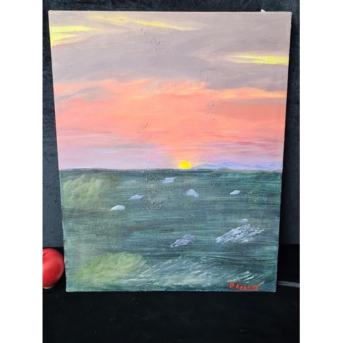 913 - A delightful original oil on canvas painting. Features a sunset landscape scene with an evening suns... 