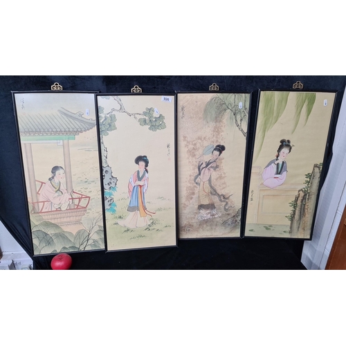 926 - Four graceful Chinese gouache on silk paintings. Features traditional women in natural garden scenes... 