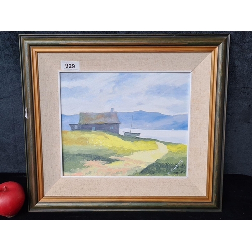 929 - A sweet oil on board painting. Features a coastal landscape scene with blue mountains, a cottage hou... 