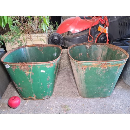 765 - Two large steel antique green buckets in emerald green finish. Have a great industrial look.