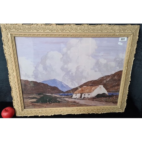 891 - A large vintage print of a Paul Henry painting titled 'A Connemara Cottage'. Housed in a cream woode... 