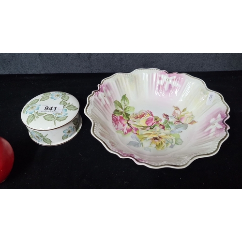 941 - A fine Bone China Crown Staffordshire floral bowl with scalloped edges. It comes with a round trinke... 