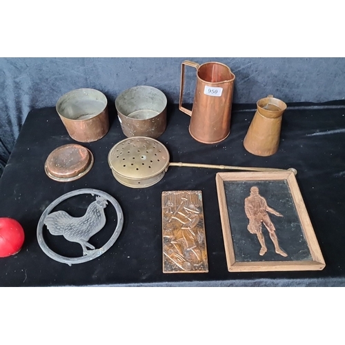 950 - A mixed lot of eleven items including copper kitchenware, brass kitchen sieve, wrought iron rooster ... 