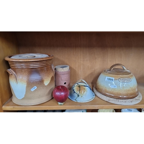 1006 - Four pieces of handmade Kiltrea Bridge Pottery items. Includes a cheese dome, garlic cellar, and lid... 