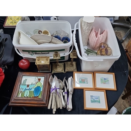 1009 - Two large boxes including framed artwork, assorted glassware, candlesticks, and vintage cutlery set.... 