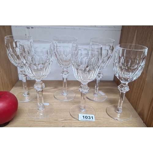 1031 - A very pretty set of six Waterford crystal stemmed glasses. All in good condition with acid marks to... 