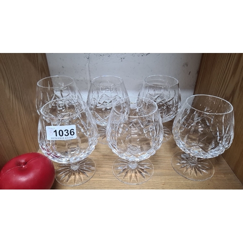 1036 - A lovely set of six vintage Waterford crystal brandy balloon glasses. All in good condition with aci... 