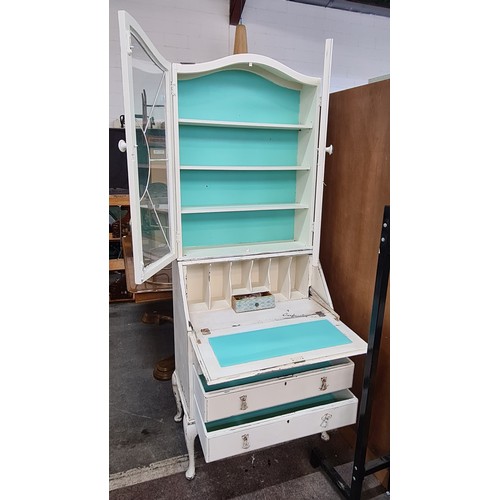 885 - Star lot : A nice vintage shabby chic  writing slope desk with three pull out drawers and a matching... 