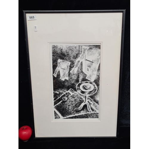 65 - A lovely ink on paper painting. Features an abstract still life study of apples on a table, windows ... 