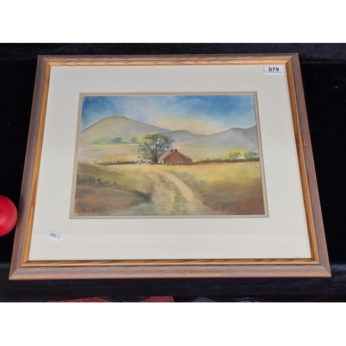 79 - A charming original pastel on paper painting. Features a rural landscape scene of a farmstead nestle... 