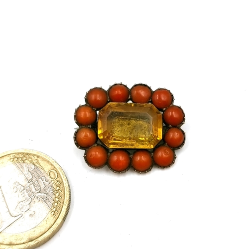 32 - A pretty antique  Georgian coral & citrine stone brooch set with pin intact. Boxed.