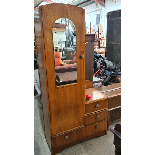 867 - Star Lot: Vintage wooden wardrobe with mirrored door, built-in drawers, and a hanging rail. Likely M... 