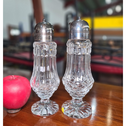 920 - Two lovely large Waterford Crystal sugar shakers with acid mark to base. Ever so slight chip to rim ... 