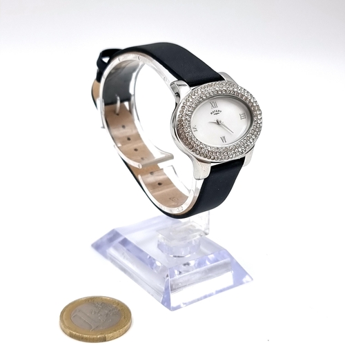 980 - A Rotary ladies Cocktail Watch with black genuine leather strap and Mother of pearl like face.