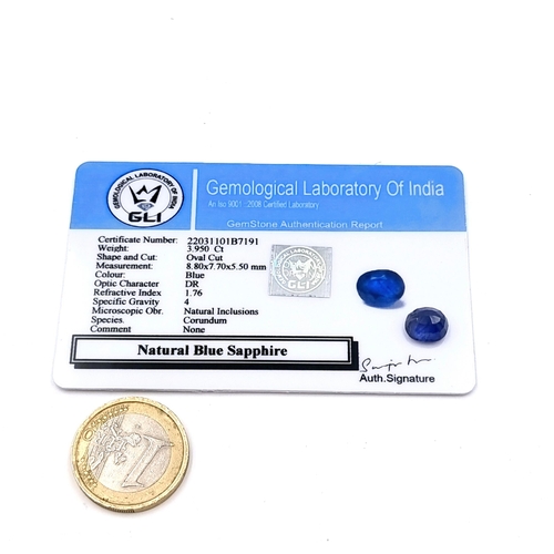 987 - A Natural Blue Sapphire Oval cut, Weight: 3.95 carats. Comes with Gemological Laboratory of India Re... 