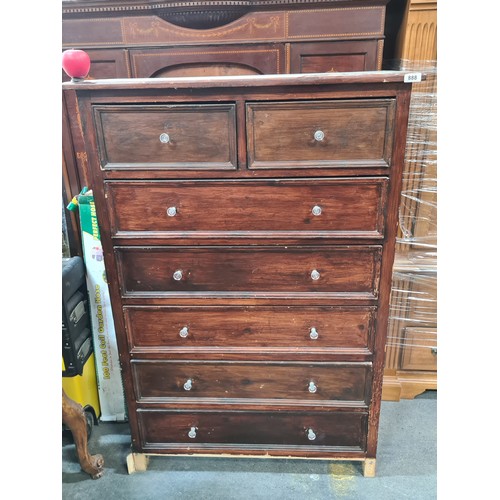 888 - Six-drawer wooden chest, handcrafted with a rustic finish, featuring crystal knobs and paneled back.... 