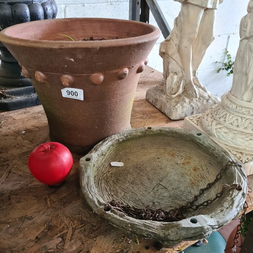 900 - A lovely earthenware garden planter. Along with a hanging wooden bird bath / feeder.