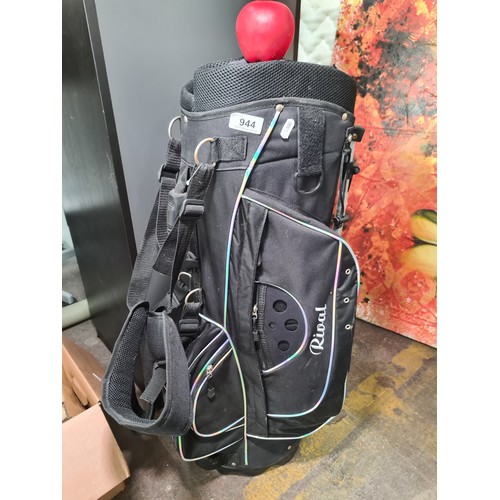 944 - A Rival black golf bag with multiple compartments and padded shoulder strap and stand. Modern design... 