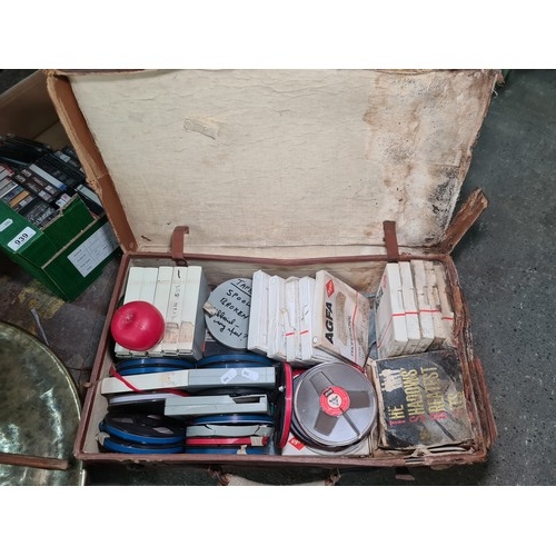 943 - A vintage leather case containing assorted reel-to-reel audio tapes, including BASF and AGFA brands.... 