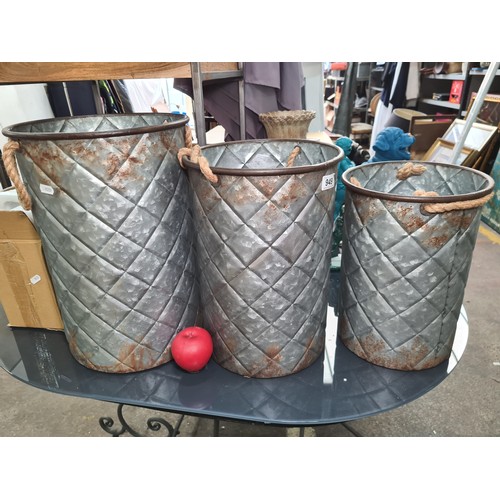 949 - A trio of brand new graduating Steel Storage buckets. Each containing rope handles. Brand new from a... 