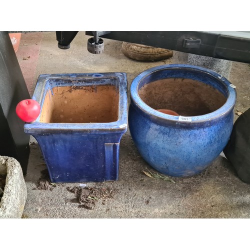 903 - Two wonderful large blue glaze terracotta planters. One round and one square example.