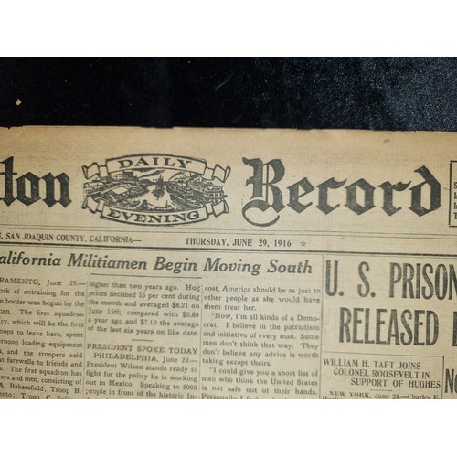 111 - Star lot : Three original copies of  full Stockton Record (California) USA newspapers from June 1916... 