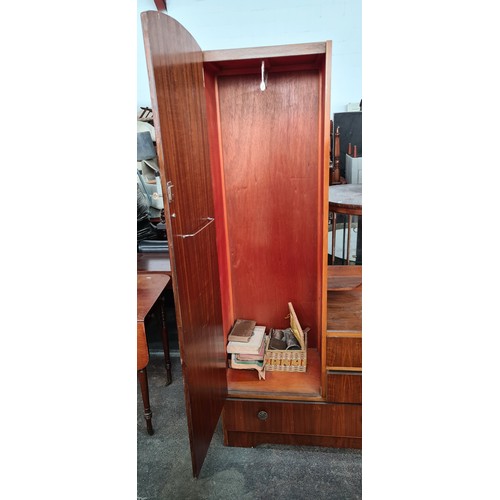 867 - Star Lot: Vintage wooden wardrobe with mirrored door, built-in drawers, and a hanging rail. Likely M... 