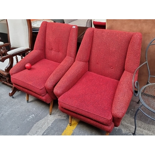 417 - Star Lot : A Pair of stunning Mid-Century Modern atomic style armchairs with red textured upholstery... 