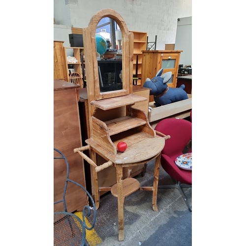 419 - Star lot : A gorgeous antique pine rustic wooden washstand with mirror and towel rails to each side.... 