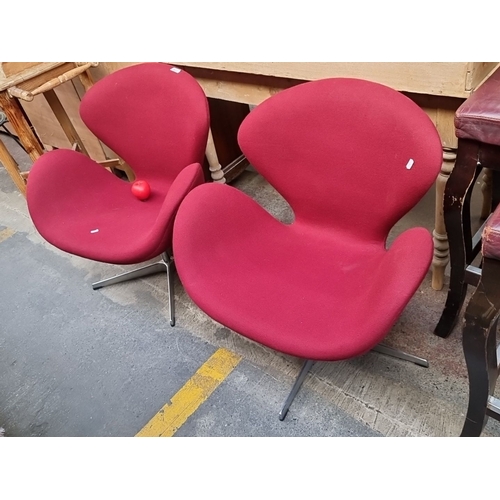 422 - Star Lot : A fabulous pair of Pair of Mid-Century Modern style red Swan chairs after  Arne Jacobsen ... 