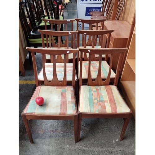 465 - Star Lot : Set of six G-Plan Brasilia Mid-Century Modern teak dining chairs with unique cut-out back... 