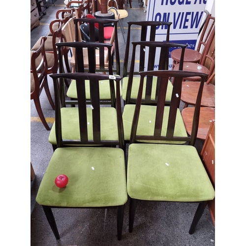 466 - Six dark mahogany mid century  dining chairs with lime green suede upholstered seats. These chairs f... 