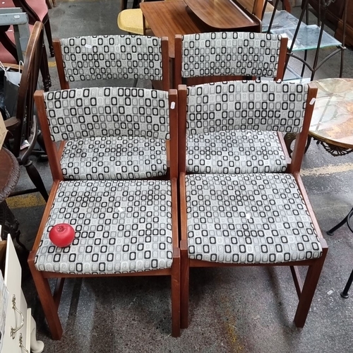 473 - Star Lot : Set of four Danish Mid-Century Modern teak wood dining chairs with geometric-patterned up... 