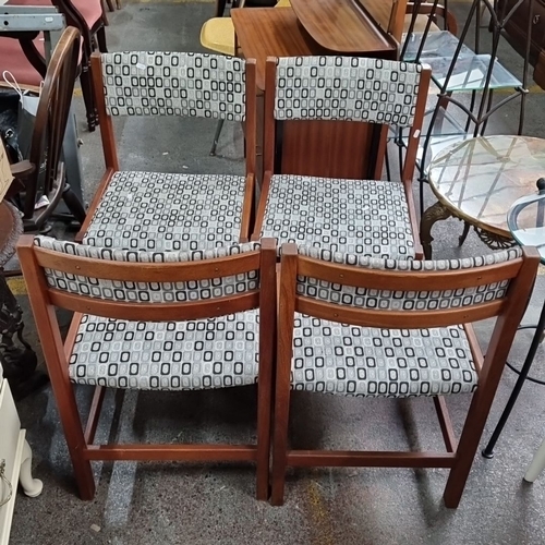 473 - Star Lot : Set of four Danish Mid-Century Modern teak wood dining chairs with geometric-patterned up... 