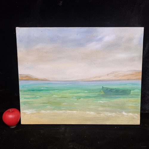 102 - A serene original acrylic on canvas painting featuring a coastal landscape scene with boat.