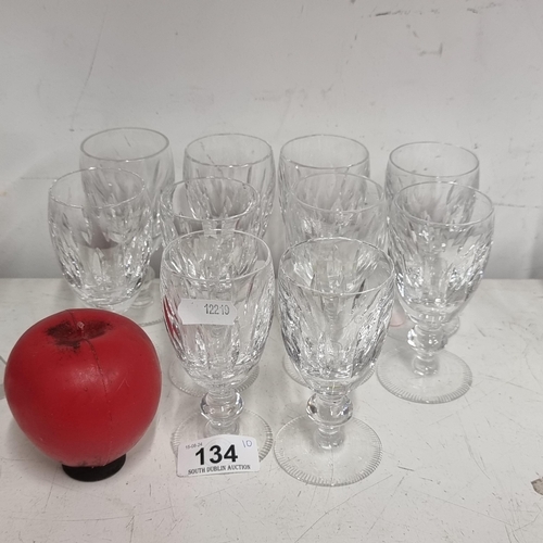 134 - A set of ten Waterford Crystal  glasses. All in very good condition with acid marks to base.