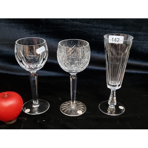 142 - Three  Waterford Crystal stemmed drinking glasses. Each with their own unique pattern. All in good c... 