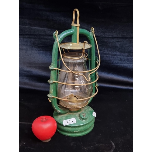 143 - A brilliant antique green metal oil lamp by J AS Hinks & Son Makers, Birmingham.