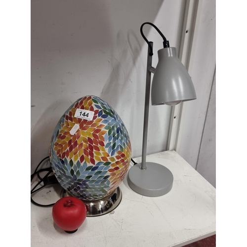 144 - Two table lamps including a coloured mosaic egg example.