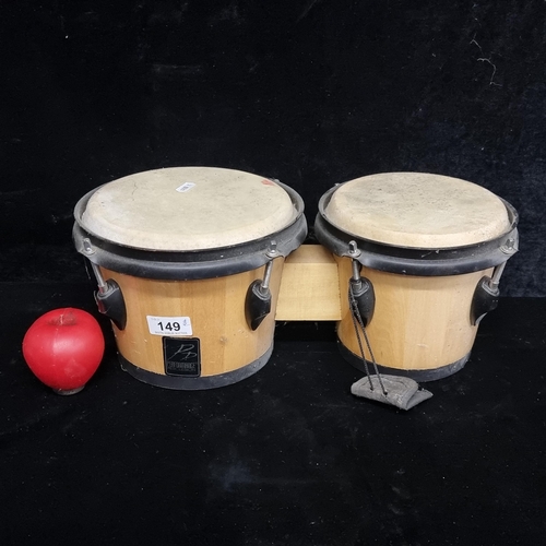 149 - A set of Performance Percussion Bongos, natural wood with black hardware.