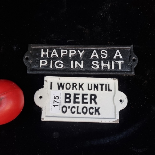 175 - Two humorous cast metal wall plaques, ideal for a home bar or mancave setting.