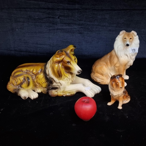 178 - A trio of charming Collie dog figures including an English Kingston Pottery example. Lassie come hom... 