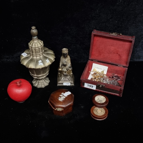 199 - Mixed lot of 5 items including hand painted wooden lidded pot, Chinese wooden cased compass, brass M... 