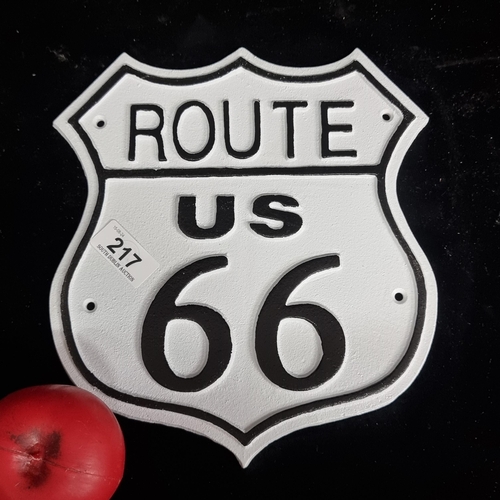 217 - A heavy cast iron wall sign reading 'Route US 66'