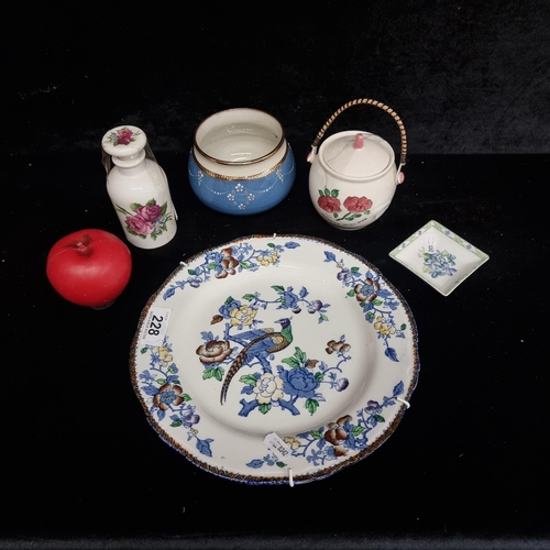 228 - A mixed lot of five porcelain items including a Woodsware pheasant wall plate, a French oil / vinega... 