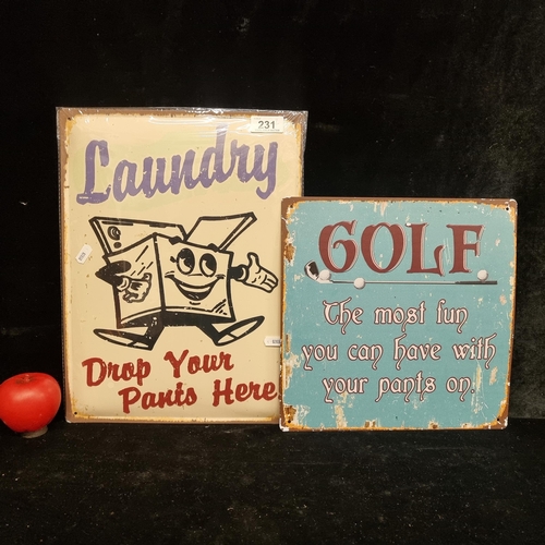 231 - Two printed metal wall signs reading 'Golf' and 'Laundry'.