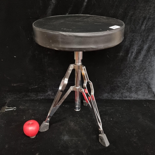 239 - A high quality leather drummers stool with leather style top, extendable legs and rotating seat.