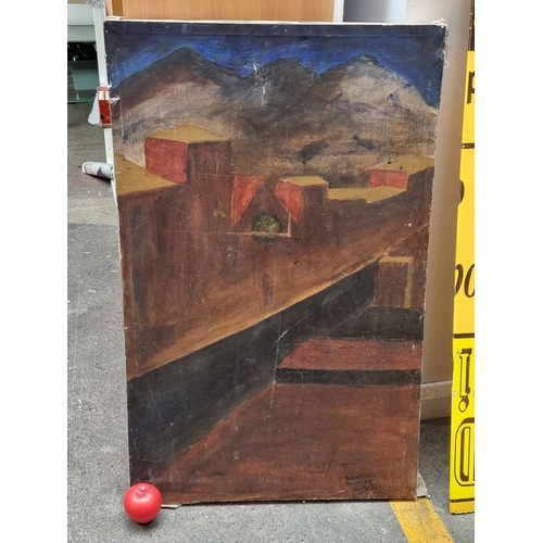 284 - A large original oil on canvas painting titled 'Perspective in street scene' dated July 1991. Featur... 