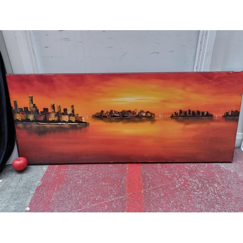 286 - A large original oil on canvas painting. Features a sunset city landscape scene with tall buildings ... 